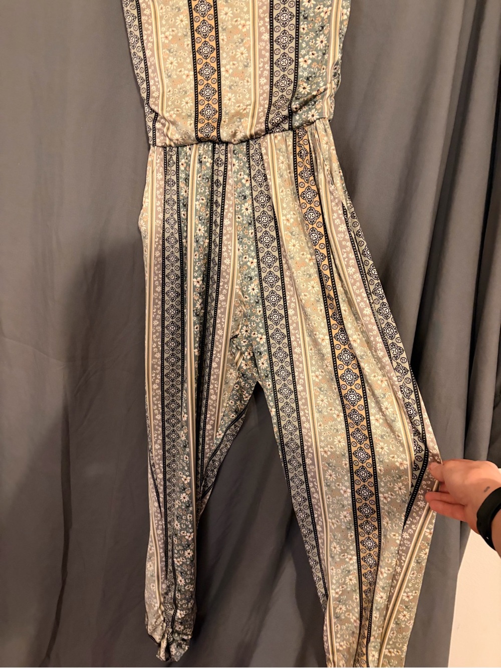 Striped Floral Print Strapless Jumpsuit in Sage and Cream